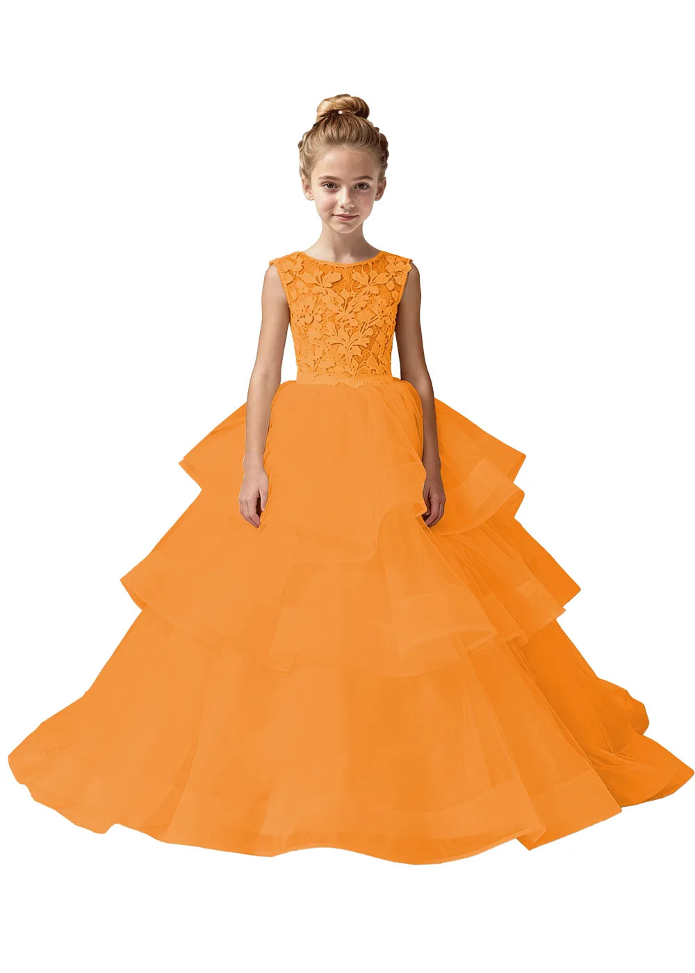 Girls Lace Bodice Tiered Tulle Ball Gown