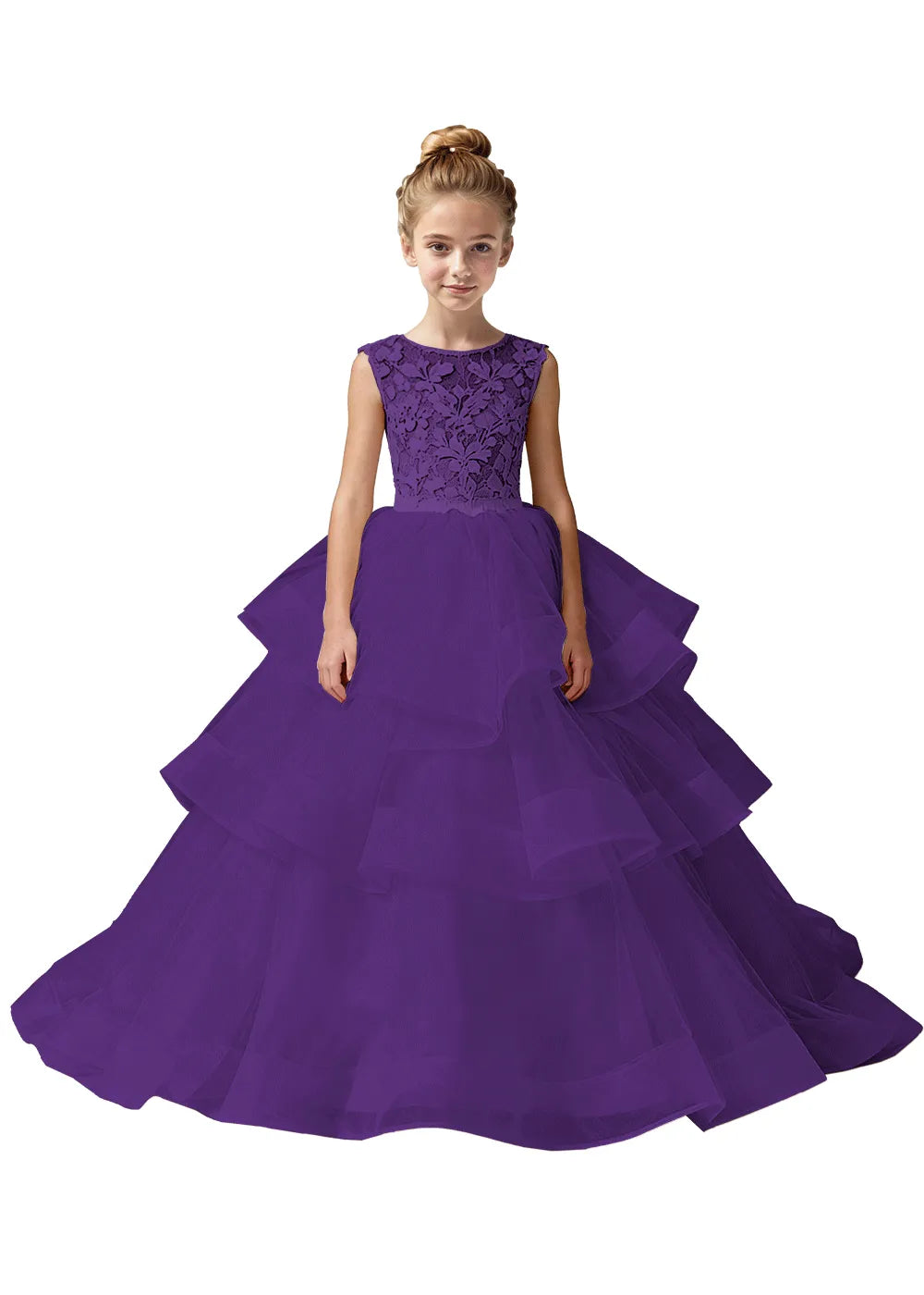Girls Lace Bodice Tiered Tulle Ball Gown