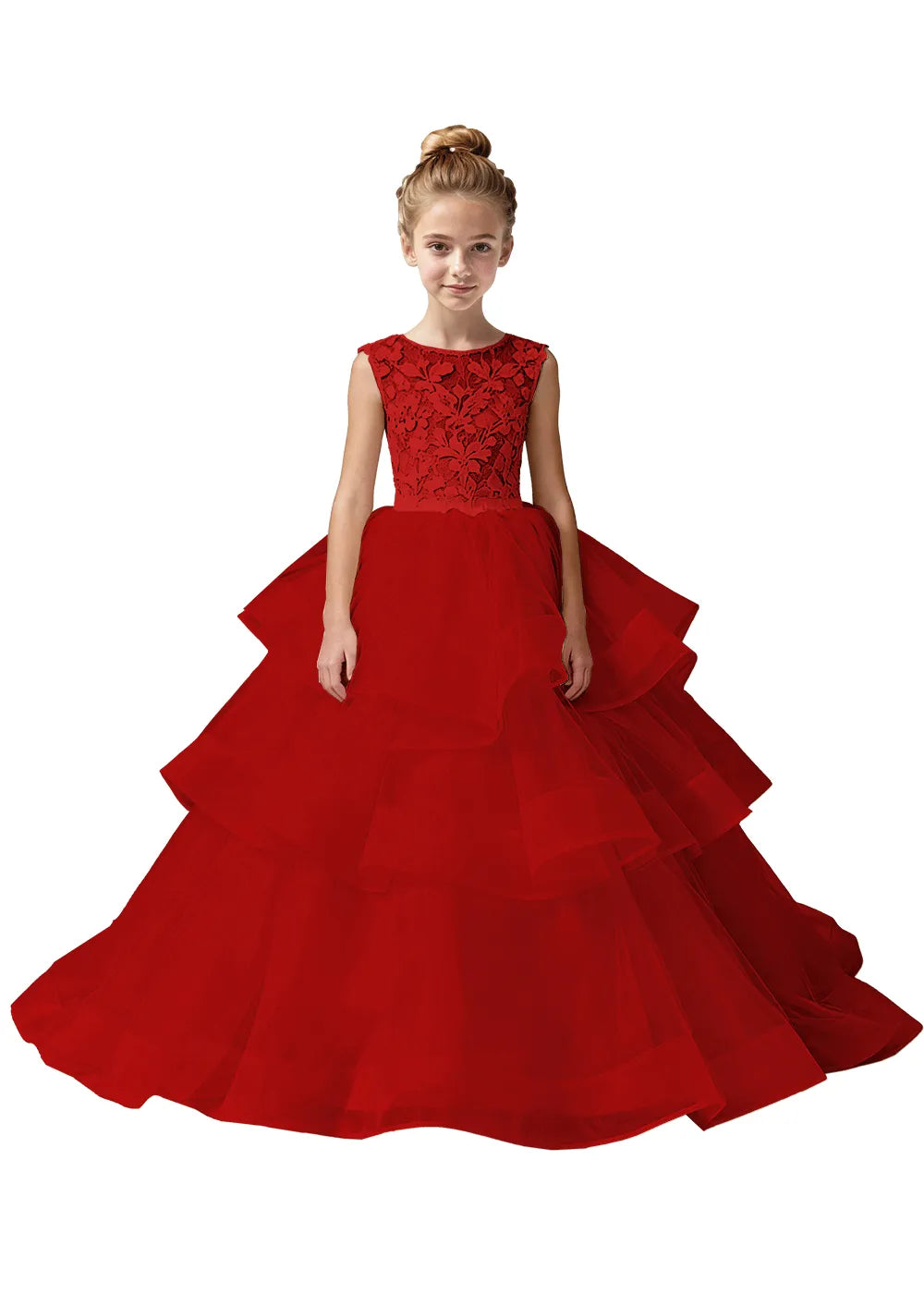 Girls Lace Bodice Tiered Tulle Ball Gown