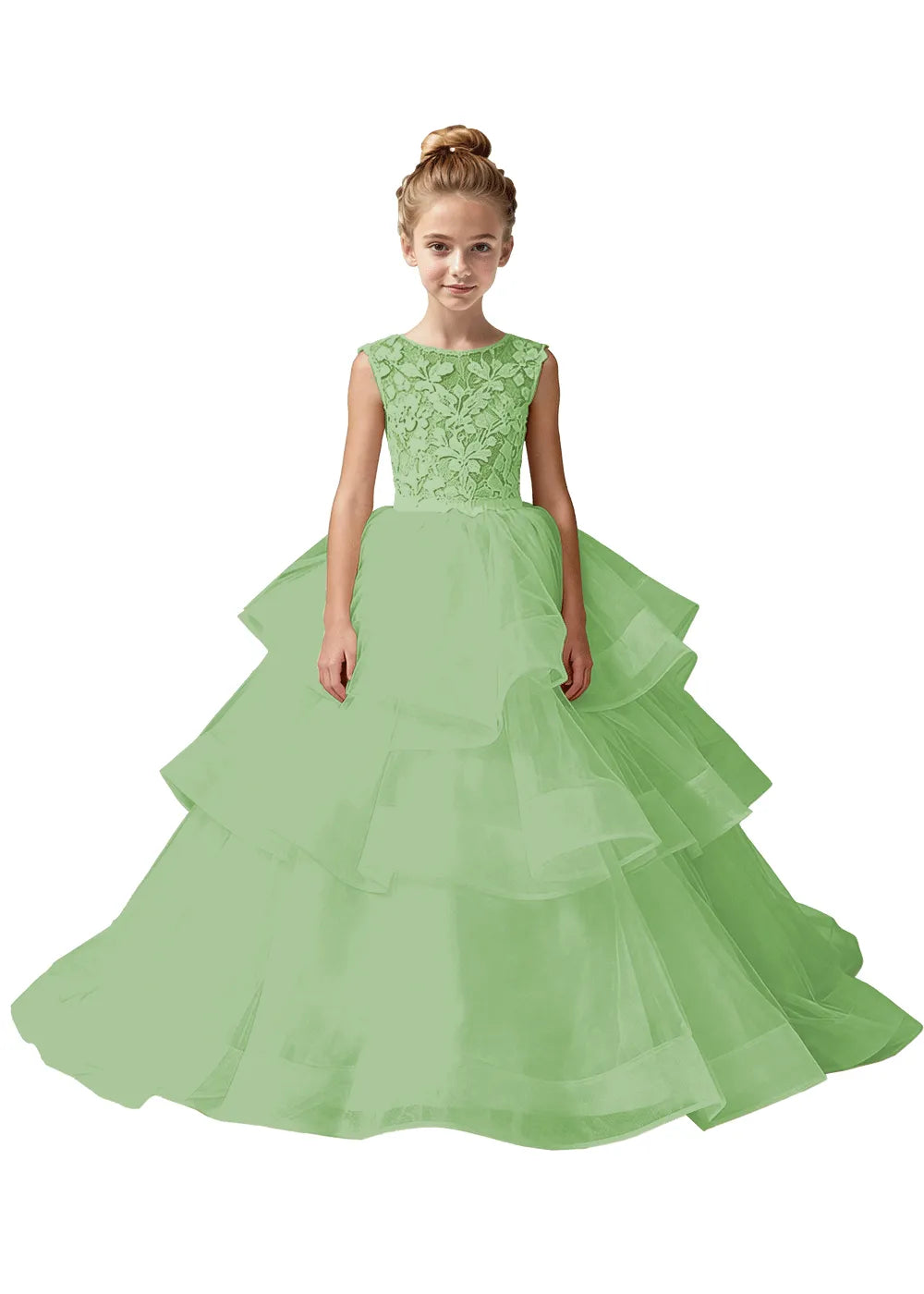 Girls Lace Bodice Tiered Tulle Ball Gown