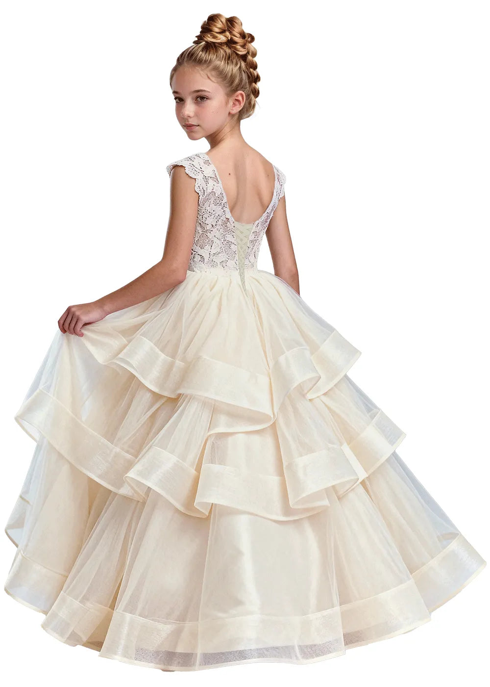 Girls Lace Bodice Tiered Tulle Ball Gown