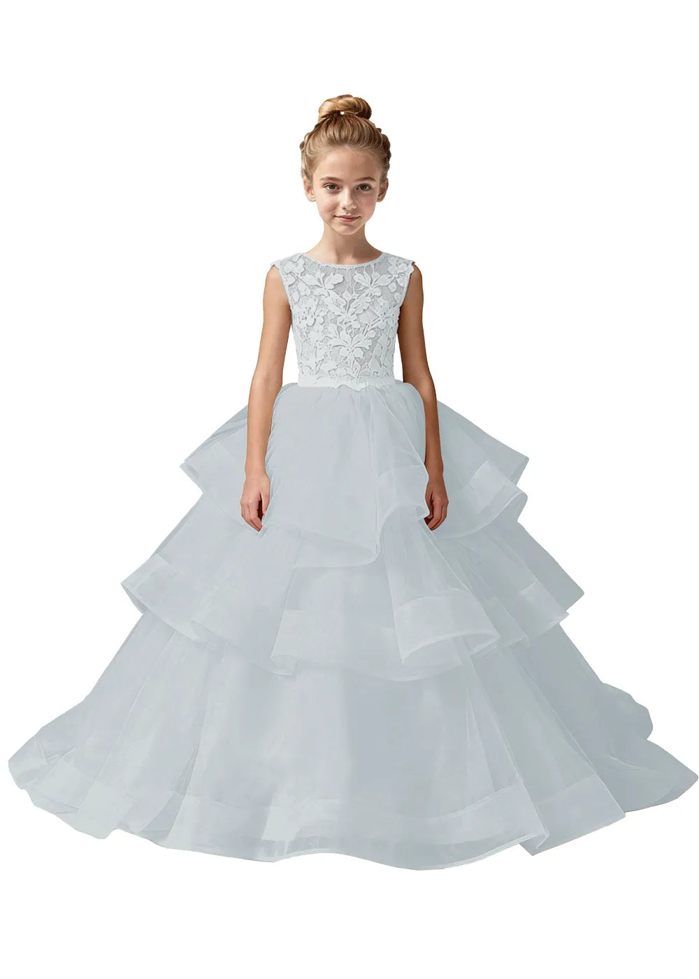 Girls Lace Bodice Tiered Tulle Ball Gown