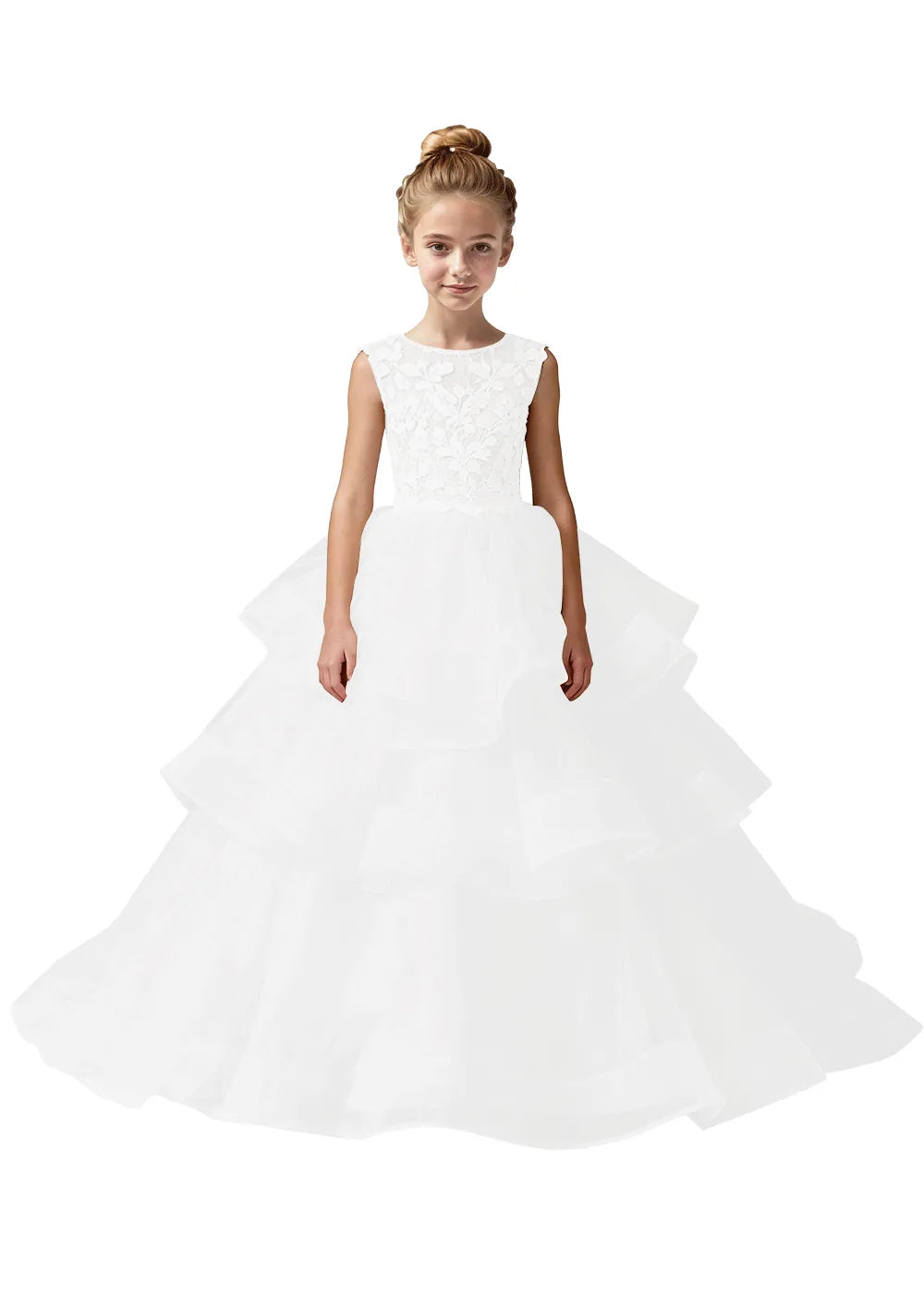 Girls Lace Bodice Tiered Tulle Ball Gown