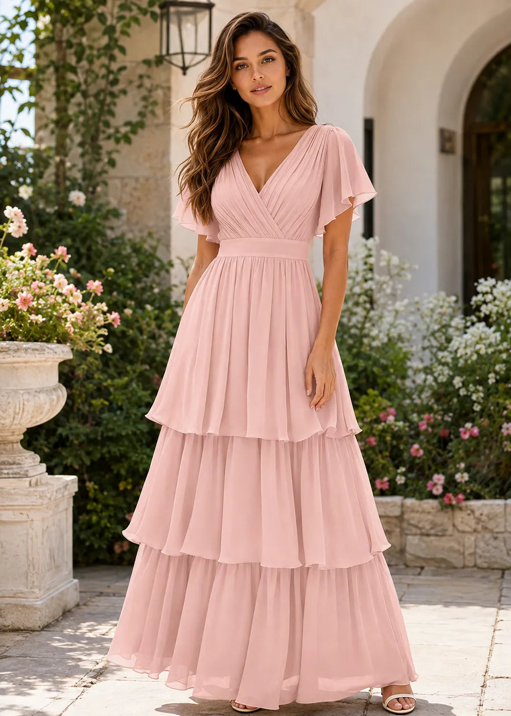 Aura Lace-Up Back Chiffon Wedding Guest Dress