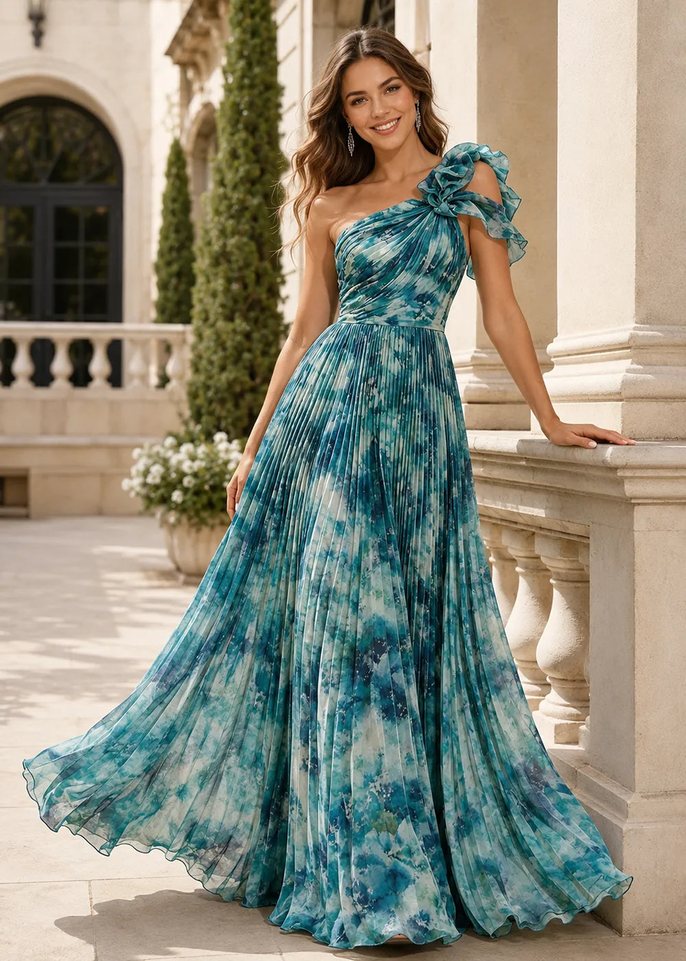 Graceful Asymmetric Shoulder Chiffon Evening Dress