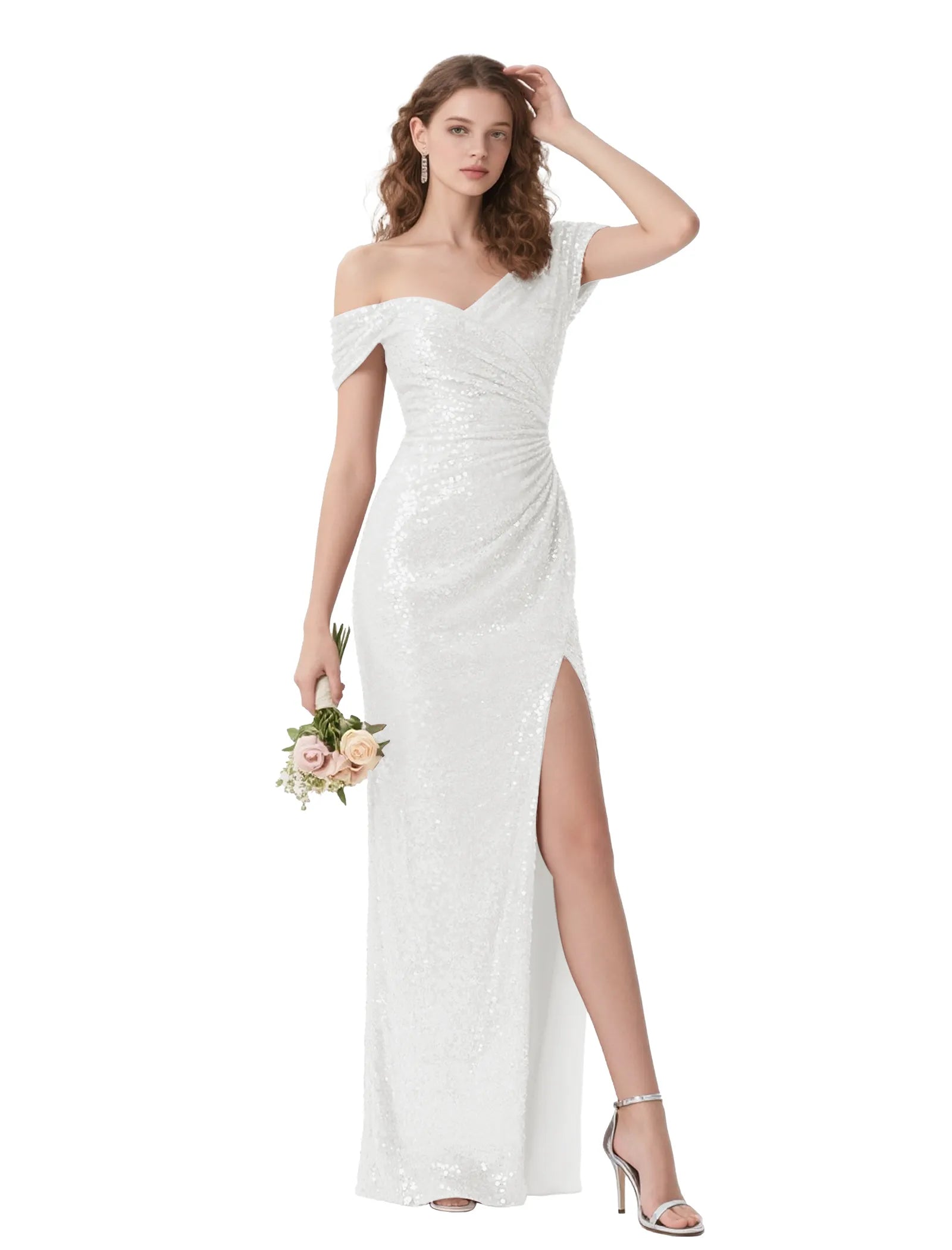 Glimmer Off-Shoulder Sequined Evening Gown