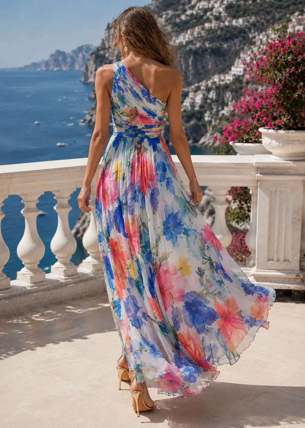 Blue Coral Abstract Floral One-Shoulder Chiffon Maxi Dress