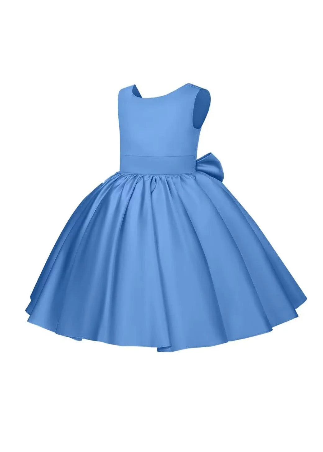 Pretty Bow V back Satin Flower Girl Dress– [Blue]