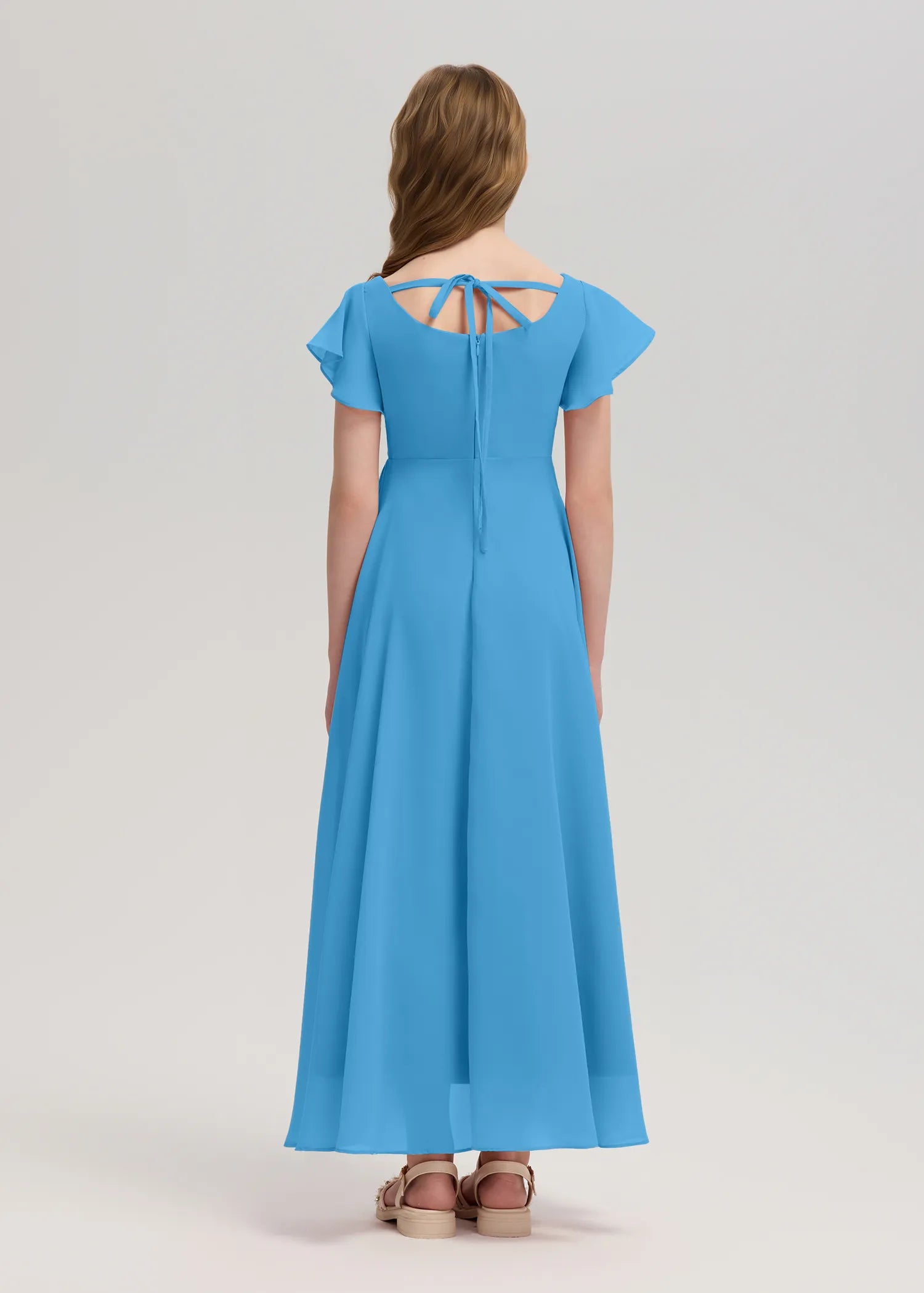 Square Neck Flutter Sleeve Chiffon Dress -[Blue]