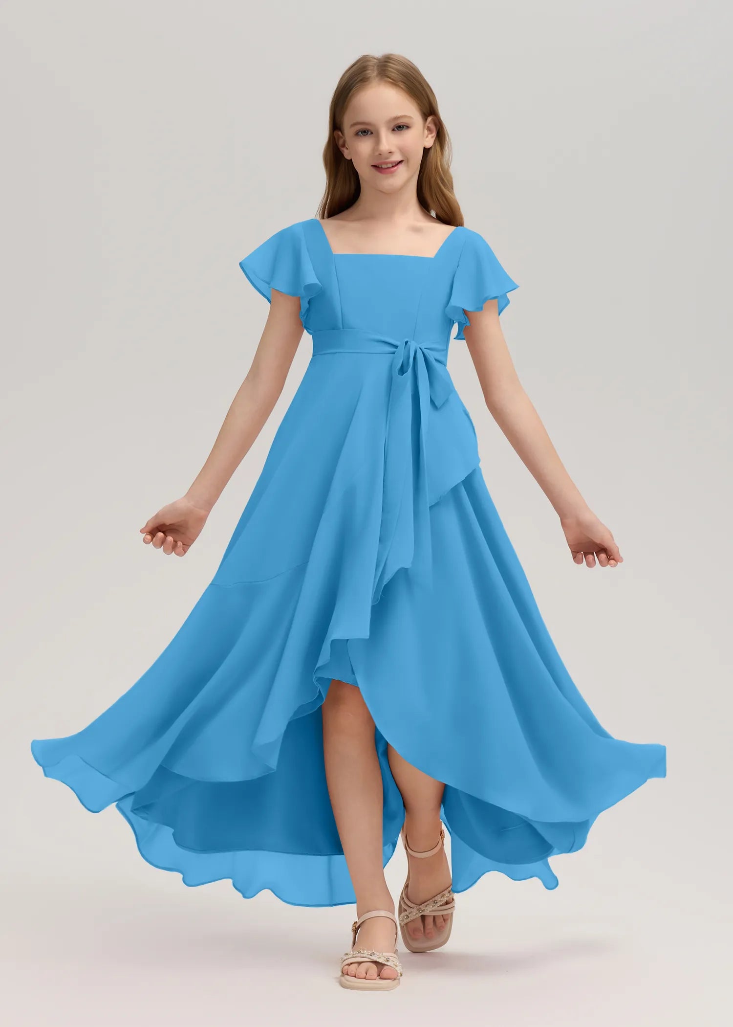 Square Neck Flutter Sleeve Chiffon Dress -[Blue]