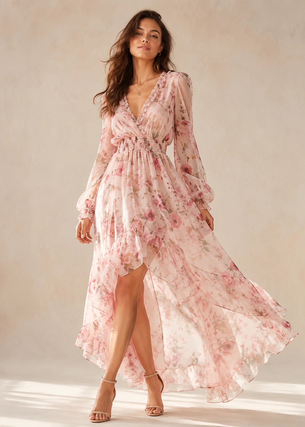 Blush Floral Long-Sleeve High-Low Chiffon Dress