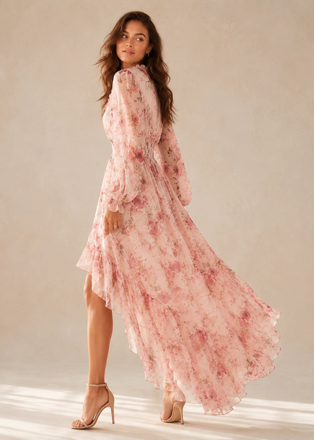 Blush Floral Long-Sleeve High-Low Chiffon Dress