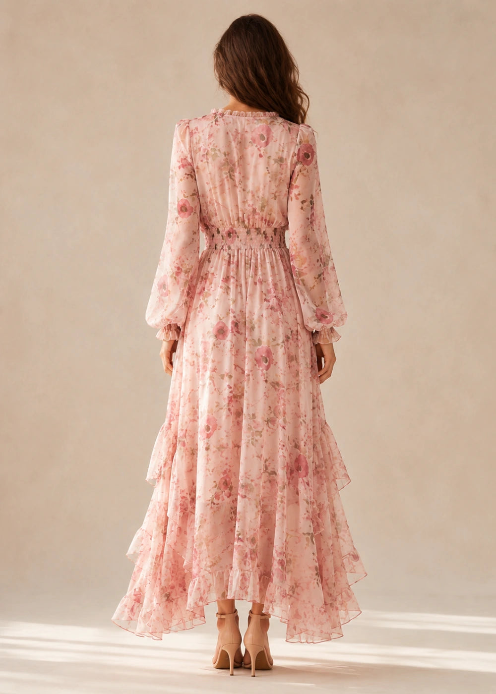Blush Floral Long-Sleeve High-Low Chiffon Dress