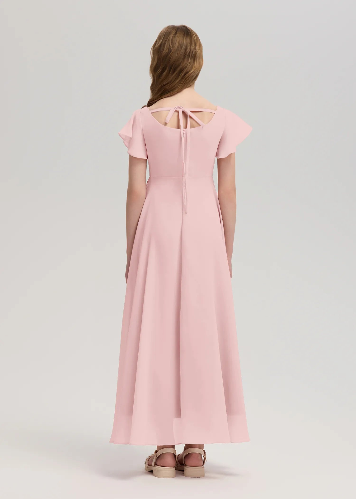 Square Neck Flutter Sleeve Chiffon Dress-[Pink]