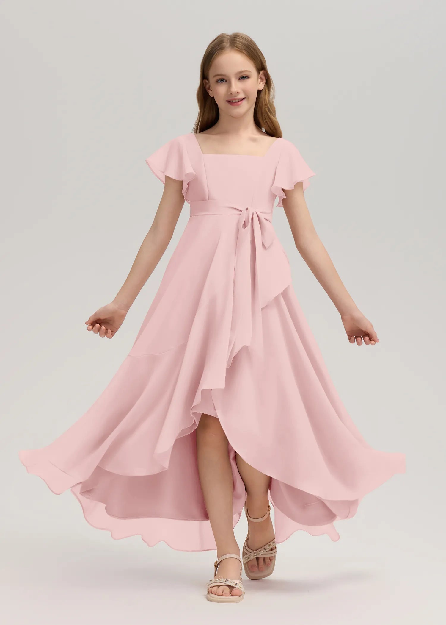 Square Neck Flutter Sleeve Chiffon Dress-[Pink]