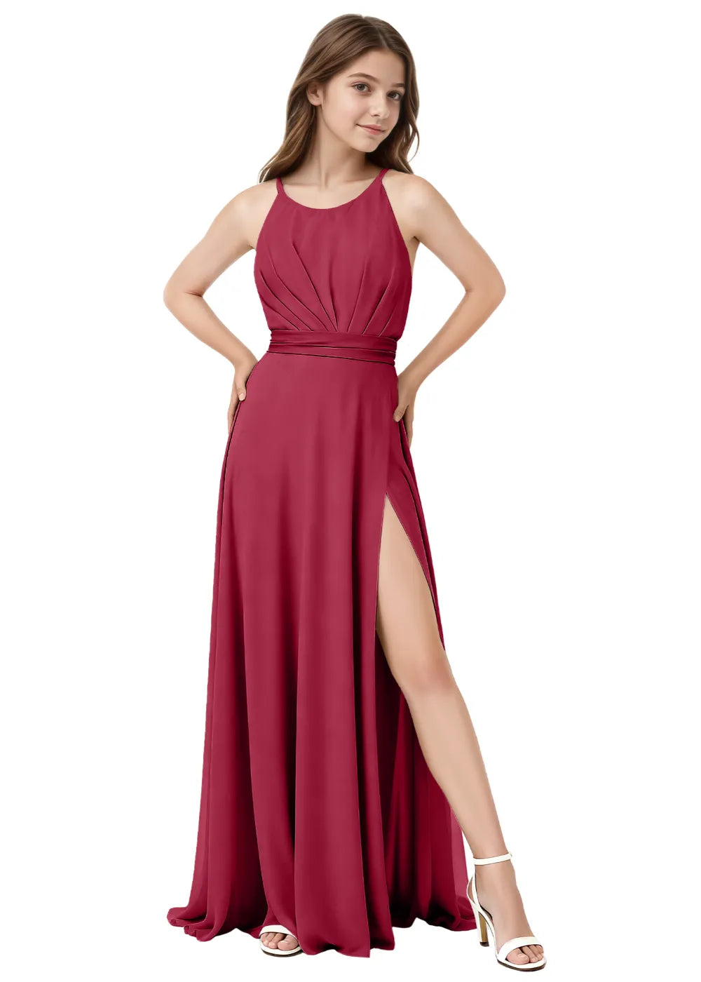 Pleated Halter High-Slit Maxi Gown
