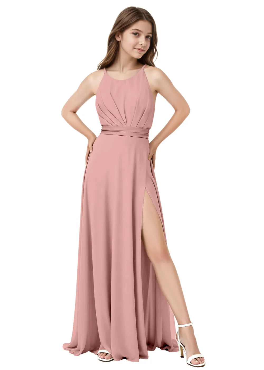 Pleated Halter High-Slit Maxi Gown