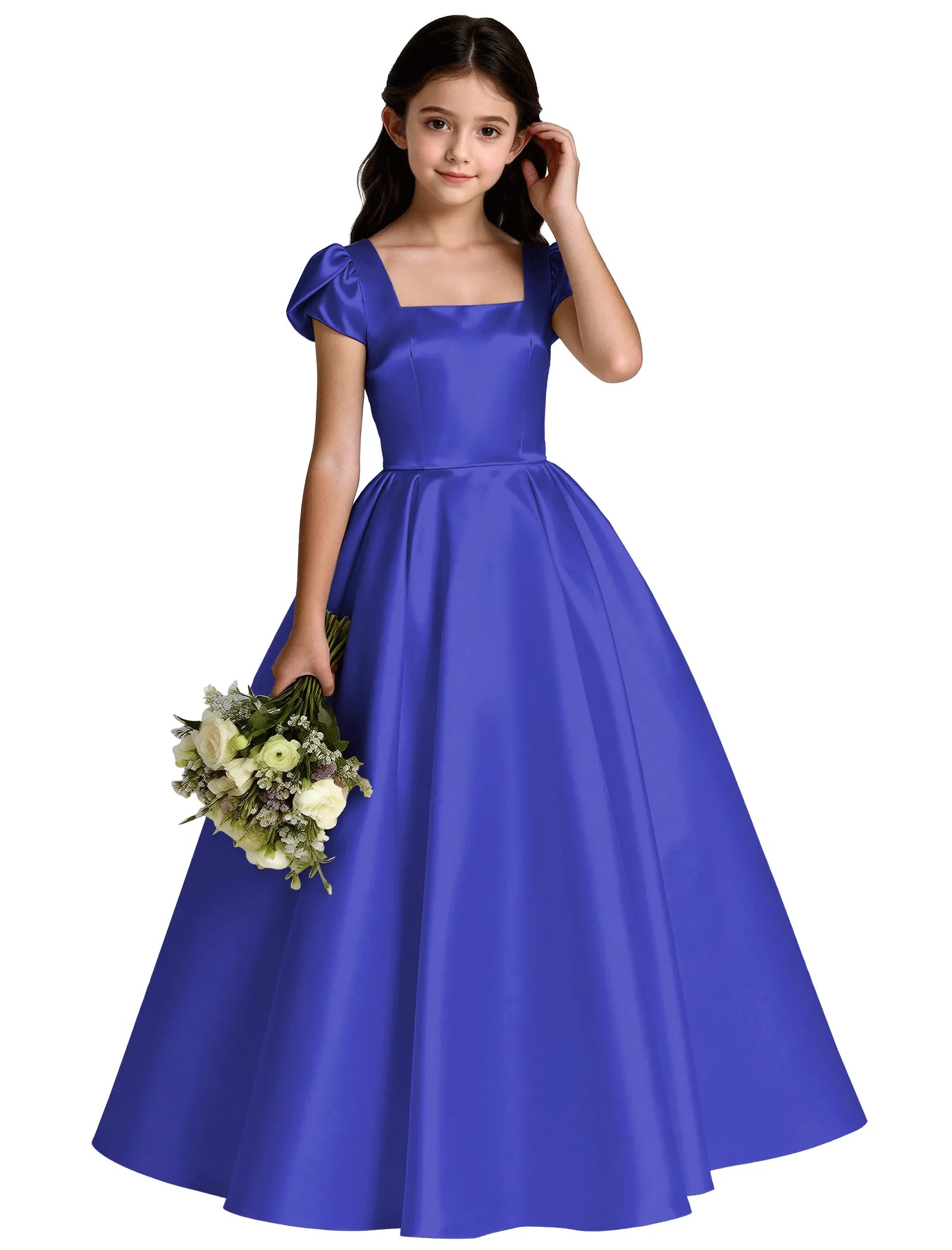 Girls Satin Princess Dress with Puff Sleeves and Bow