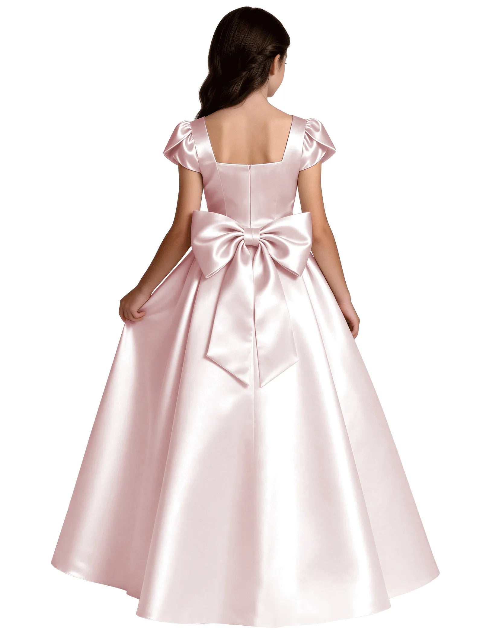 Girls Satin Princess Dress with Puff Sleeves and Bow