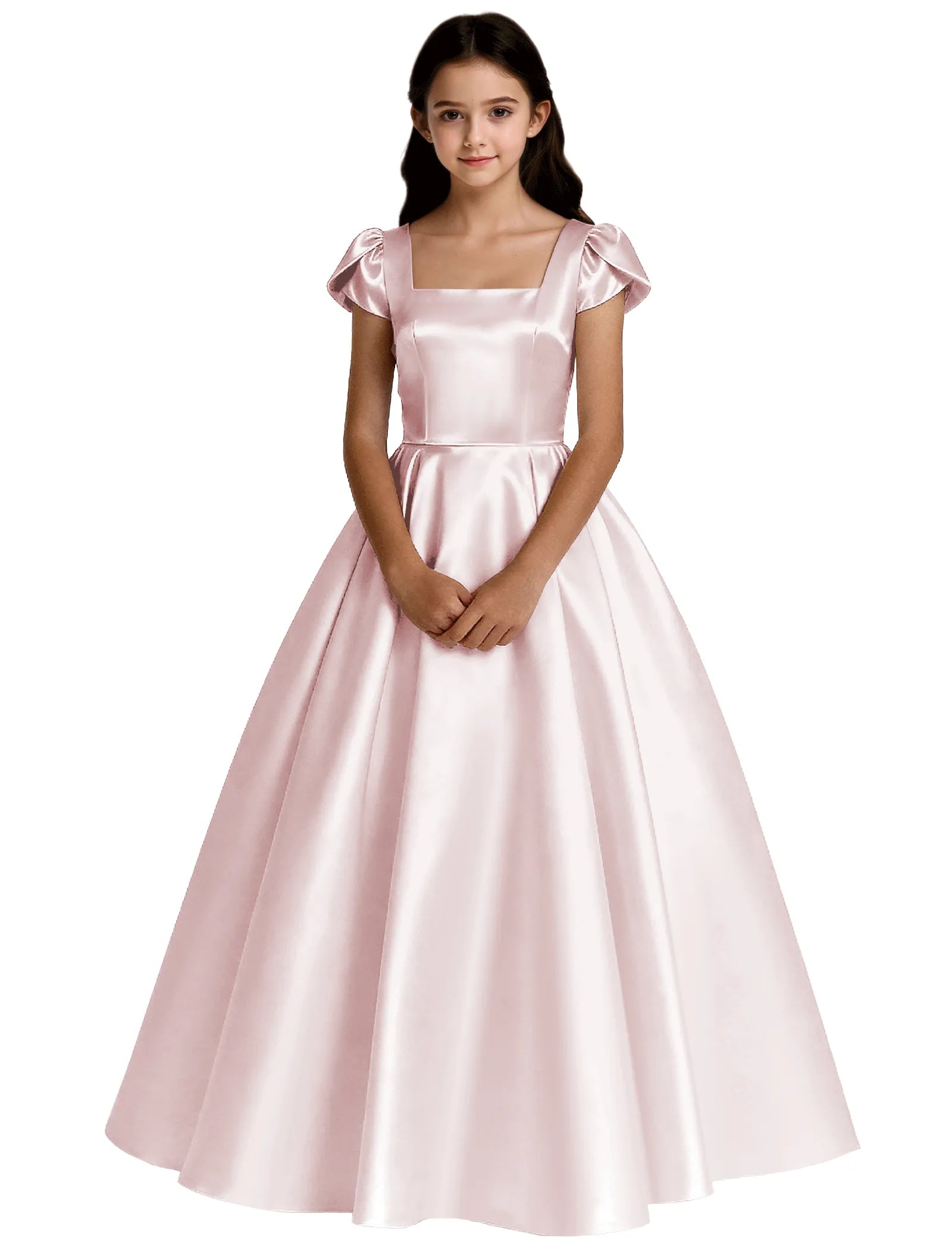 Girls Satin Princess Dress with Puff Sleeves and Bow