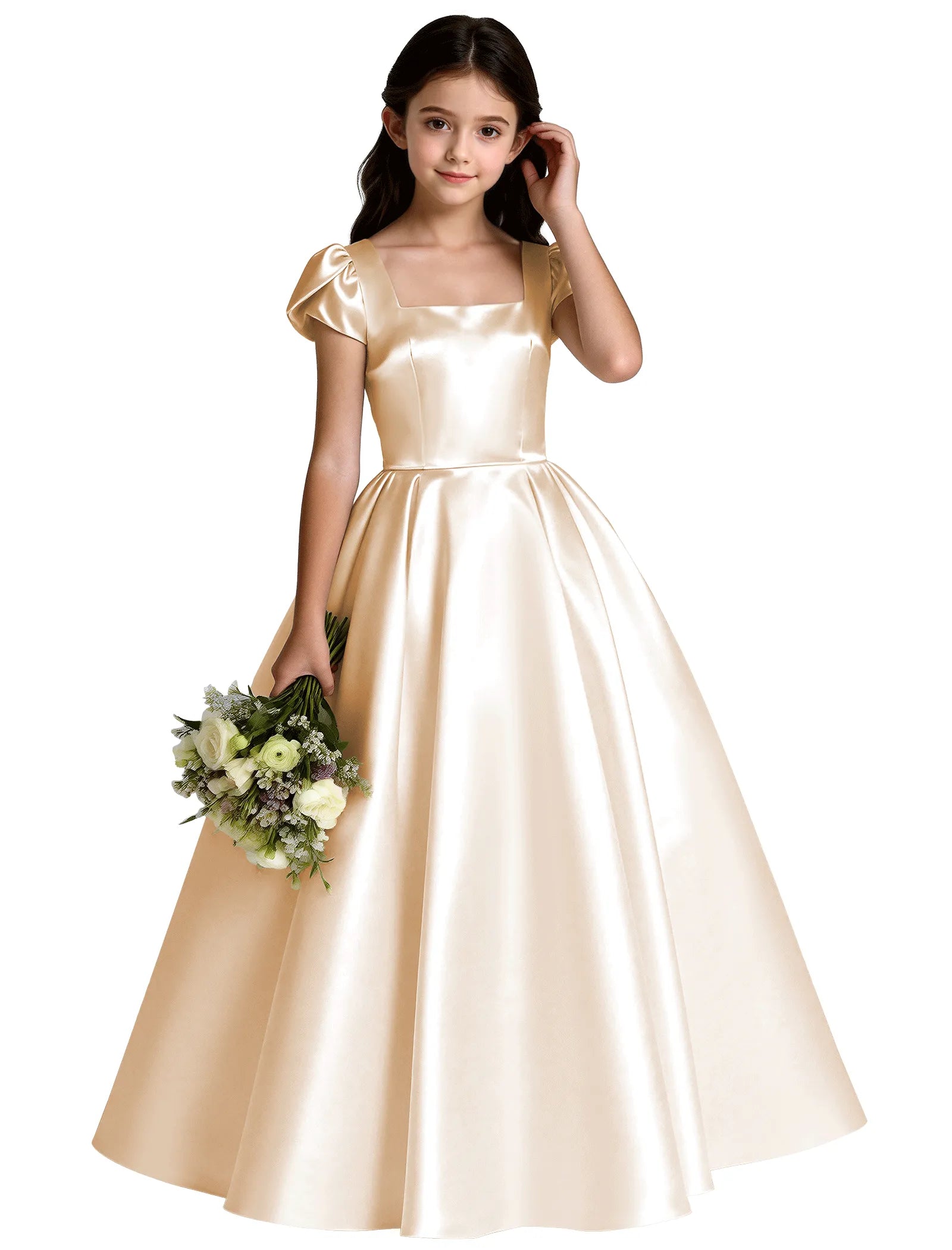 Girls Satin Princess Dress with Puff Sleeves and Bow