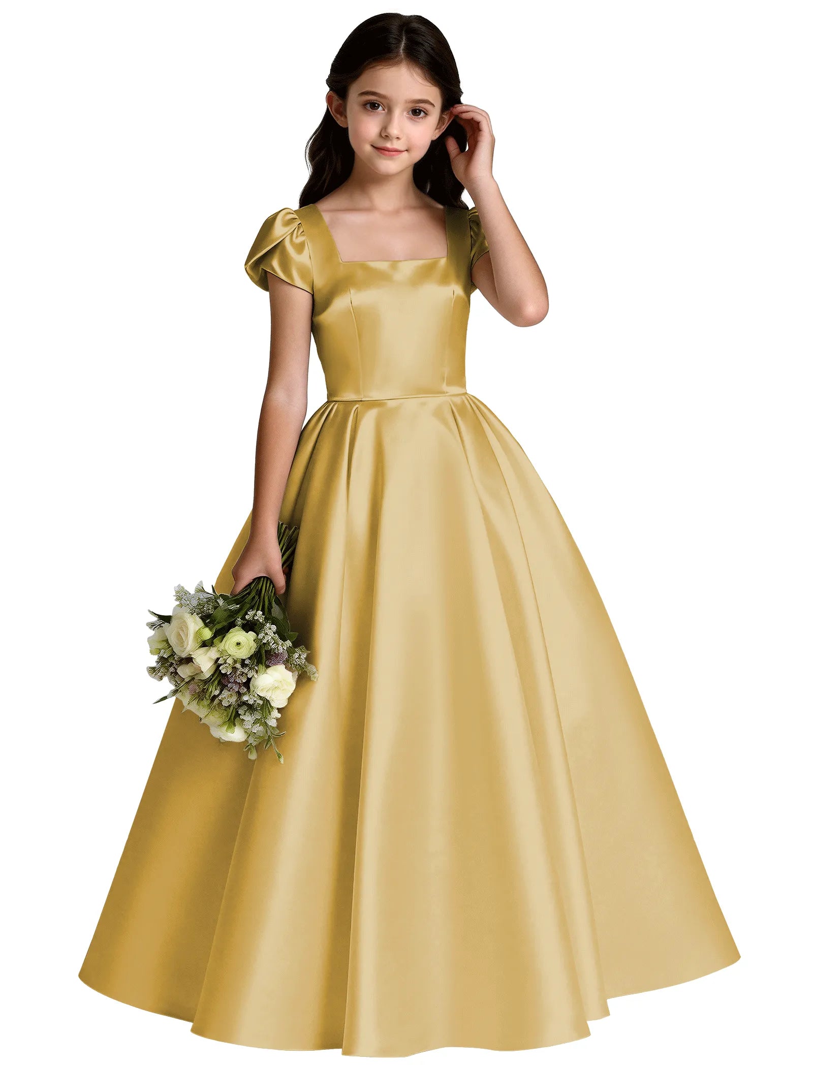 Girls Satin Princess Dress with Puff Sleeves and Bow