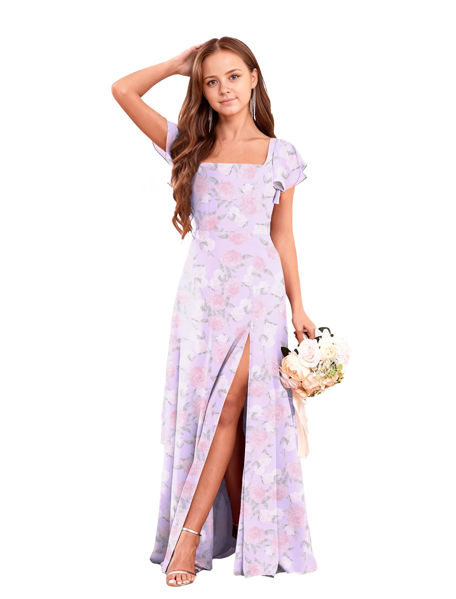 Garden Whisper Square Neck Floral Slit Dress