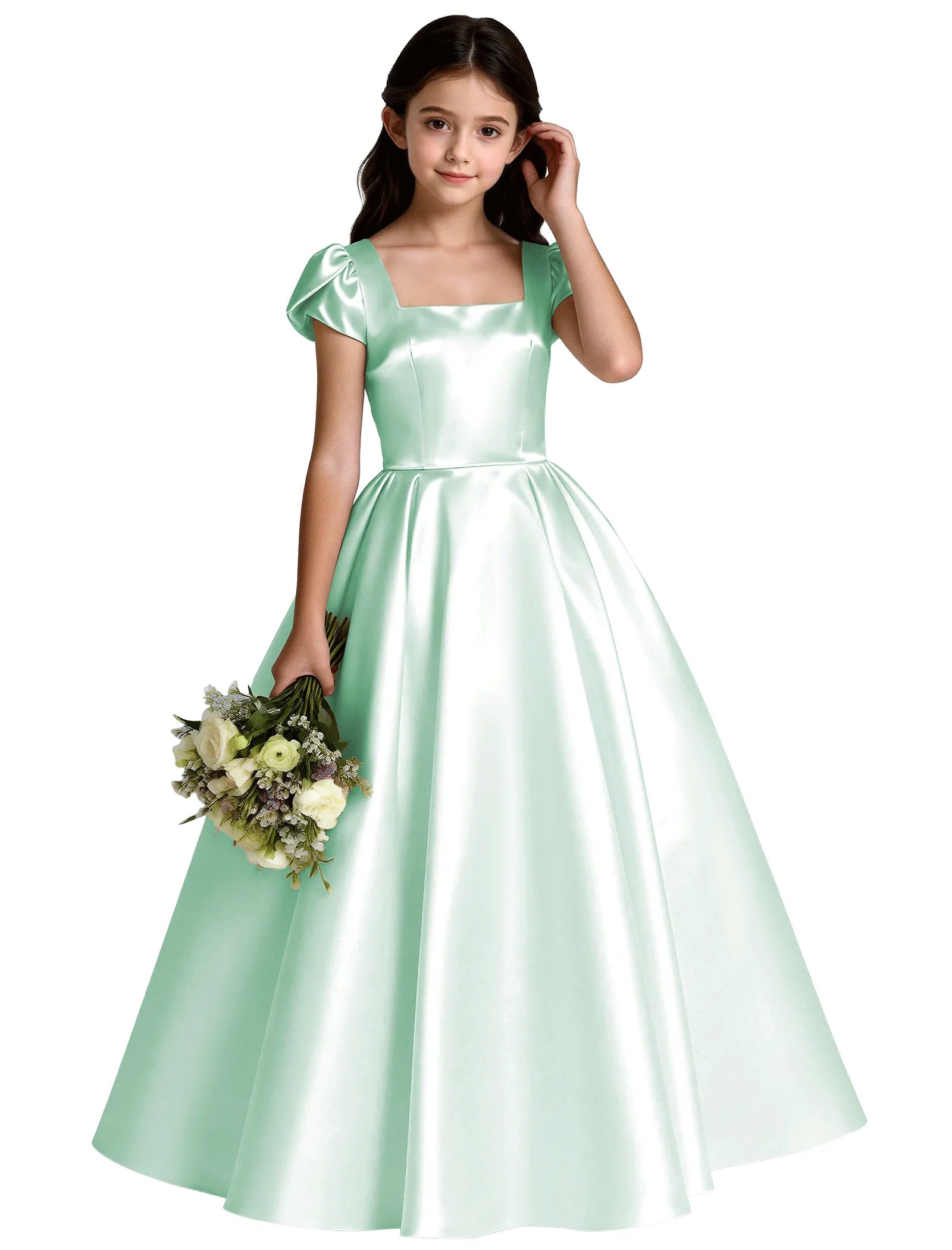 Girls Satin Princess Dress with Puff Sleeves and Bow