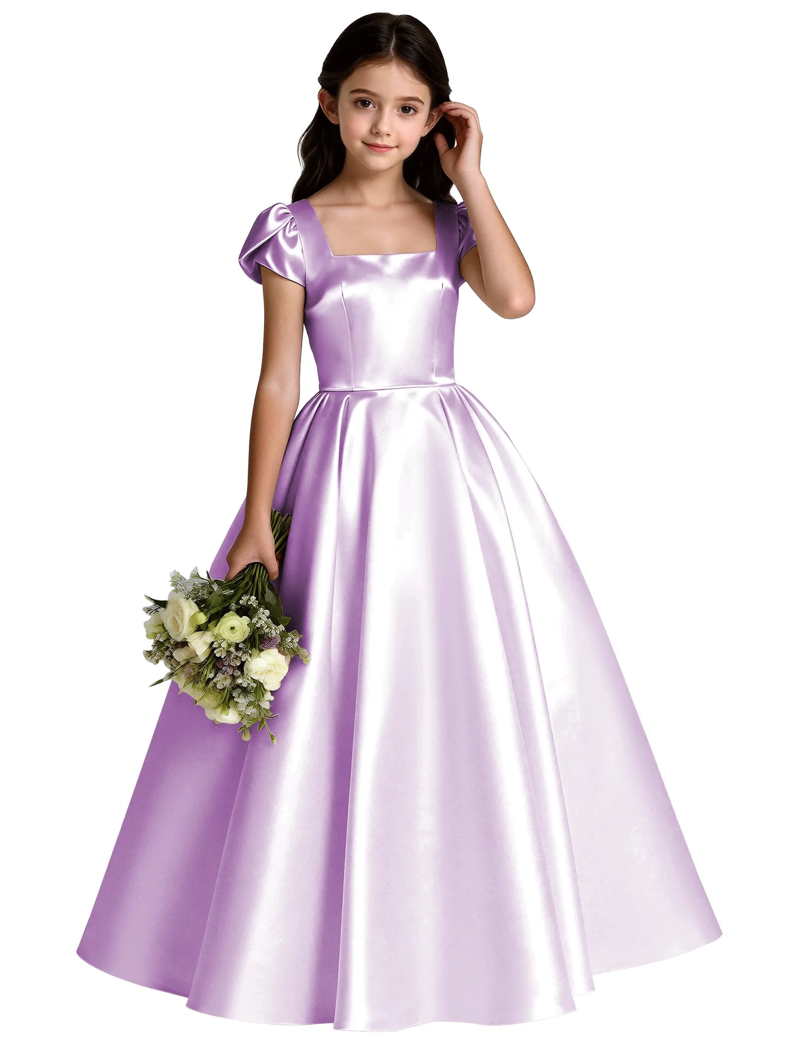 Girls Satin Princess Dress with Puff Sleeves and Bow
