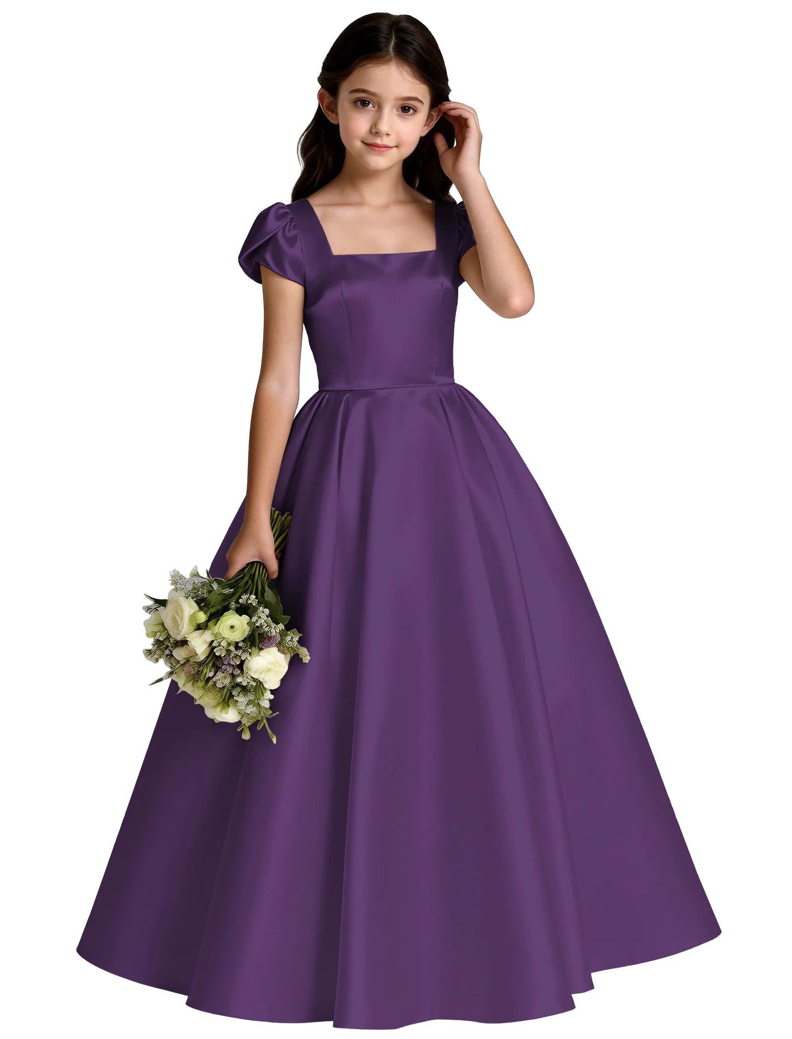 Girls Satin Princess Dress with Puff Sleeves and Bow