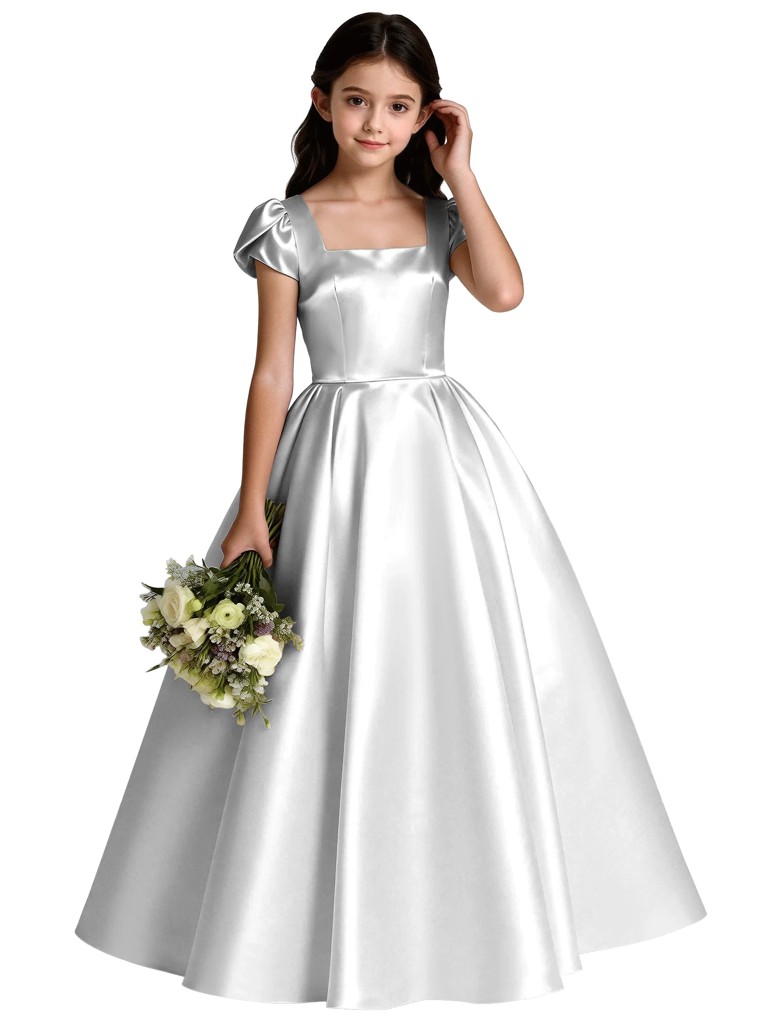 Girls Satin Princess Dress with Puff Sleeves and Bow