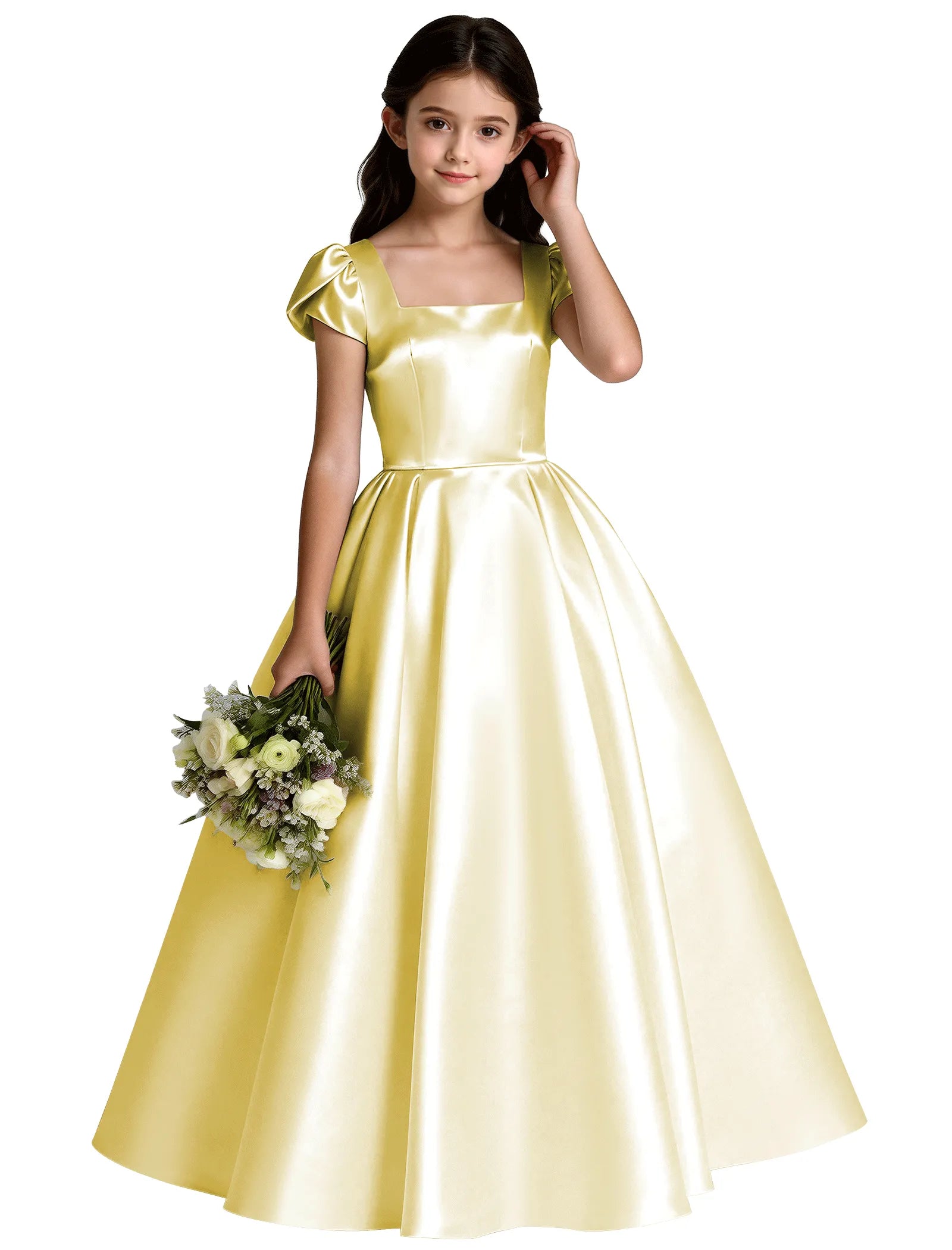 Girls Satin Princess Dress with Puff Sleeves and Bow