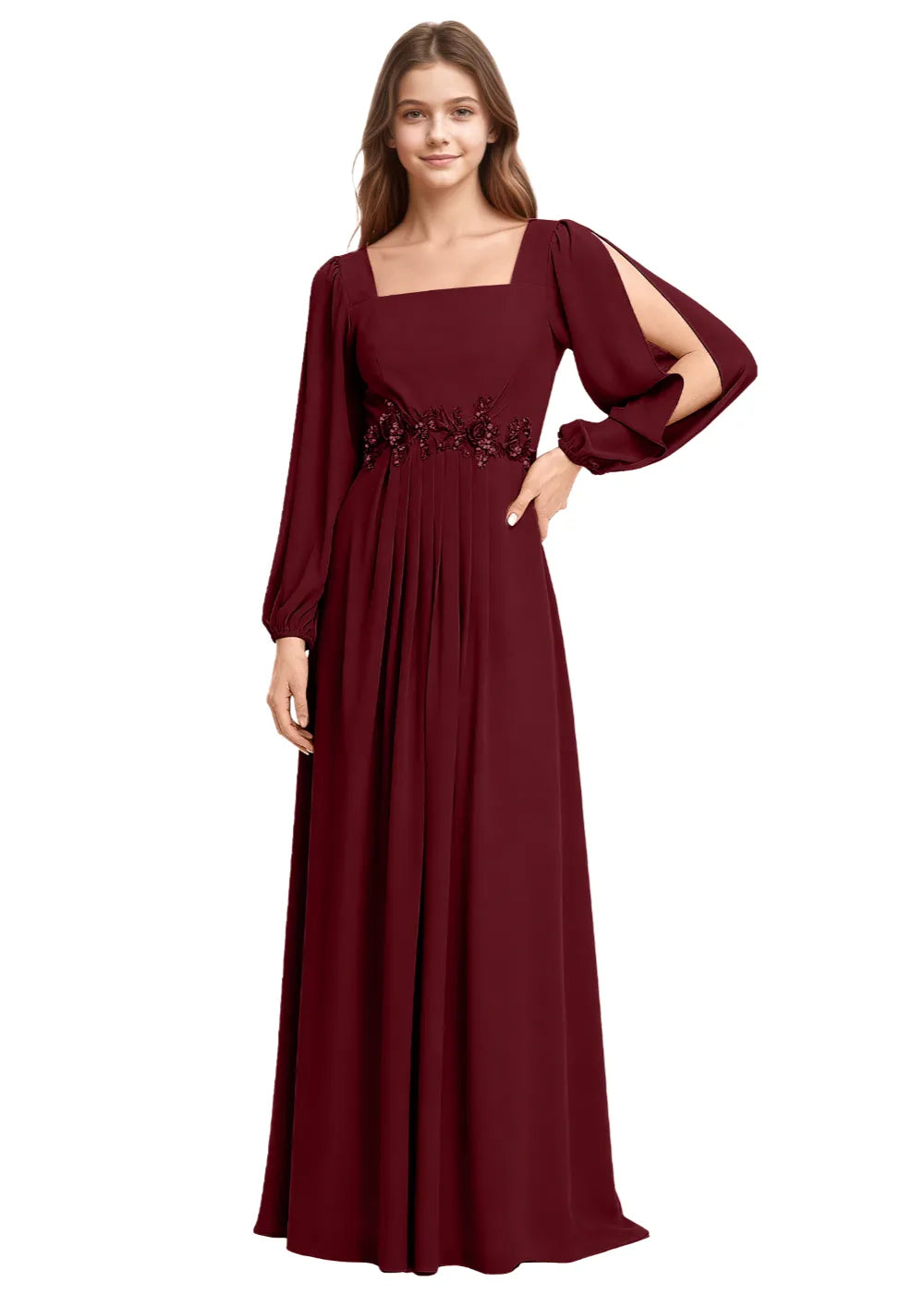 Embellished Square Neck Chiffon Bridesmaid Gown