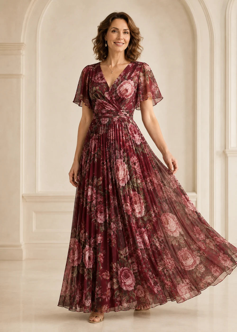 Burgundy Rose Floral Pleated V-Neck Maxi Dress