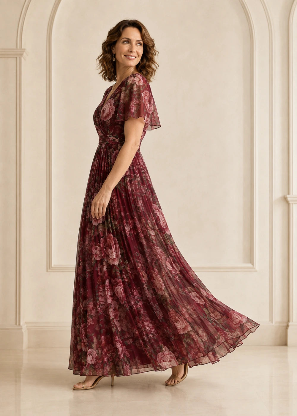 Burgundy Rose Floral Pleated V-Neck Maxi Dress