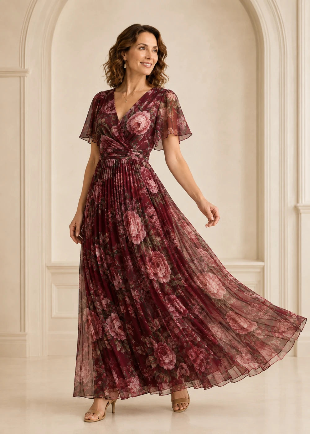 Burgundy Rose Floral Pleated V-Neck Maxi Dress