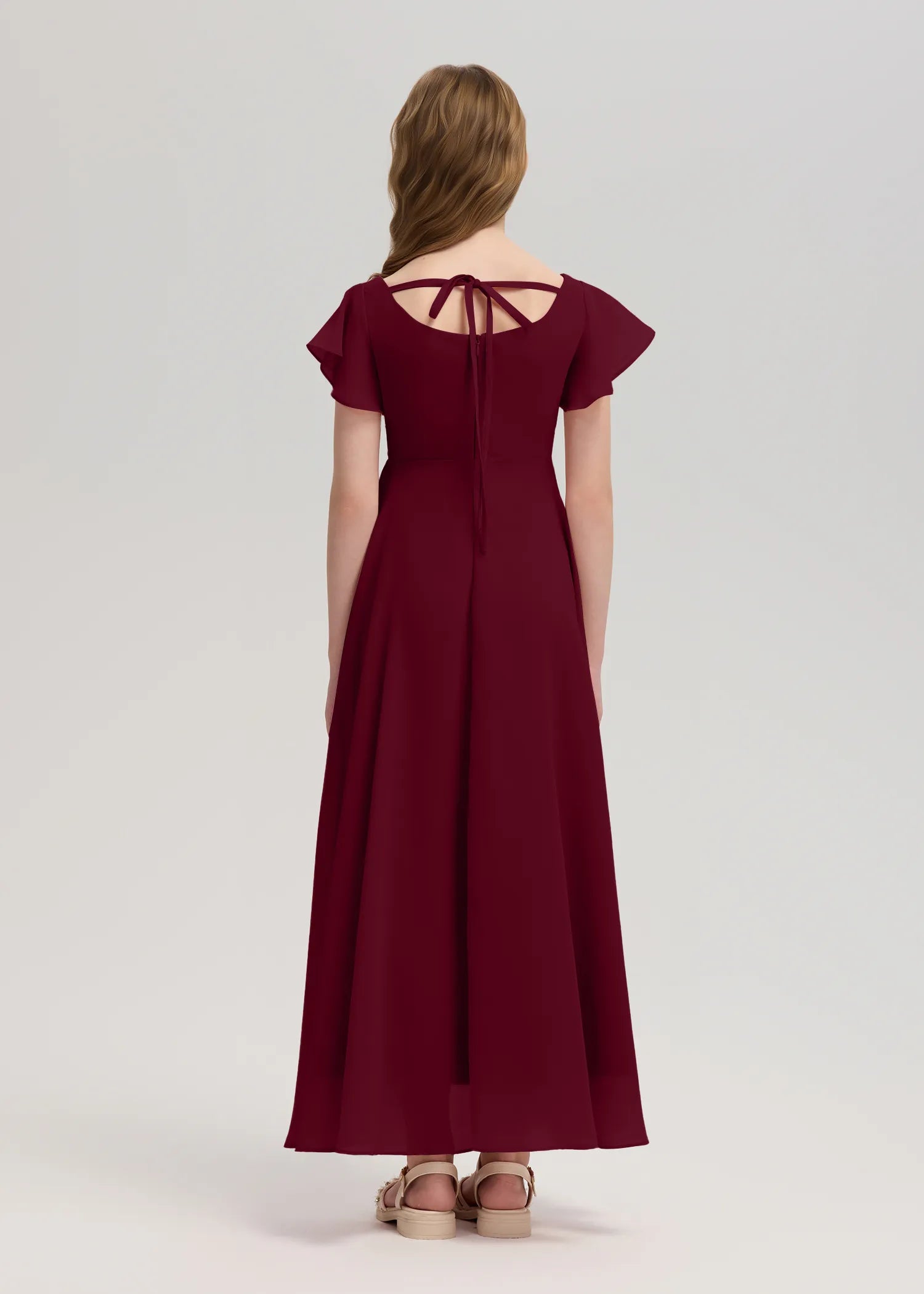 Square Neck Flutter Sleeve Chiffon Dress -[Red]