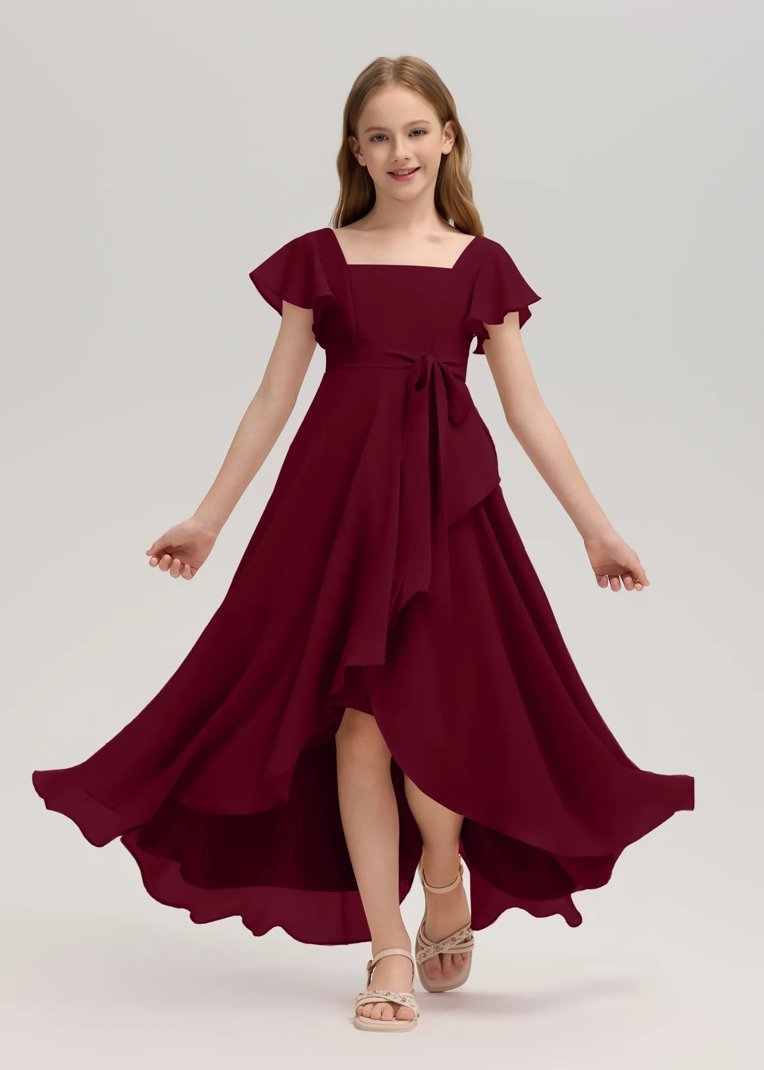Square Neck Flutter Sleeve Chiffon Dress -[Red]