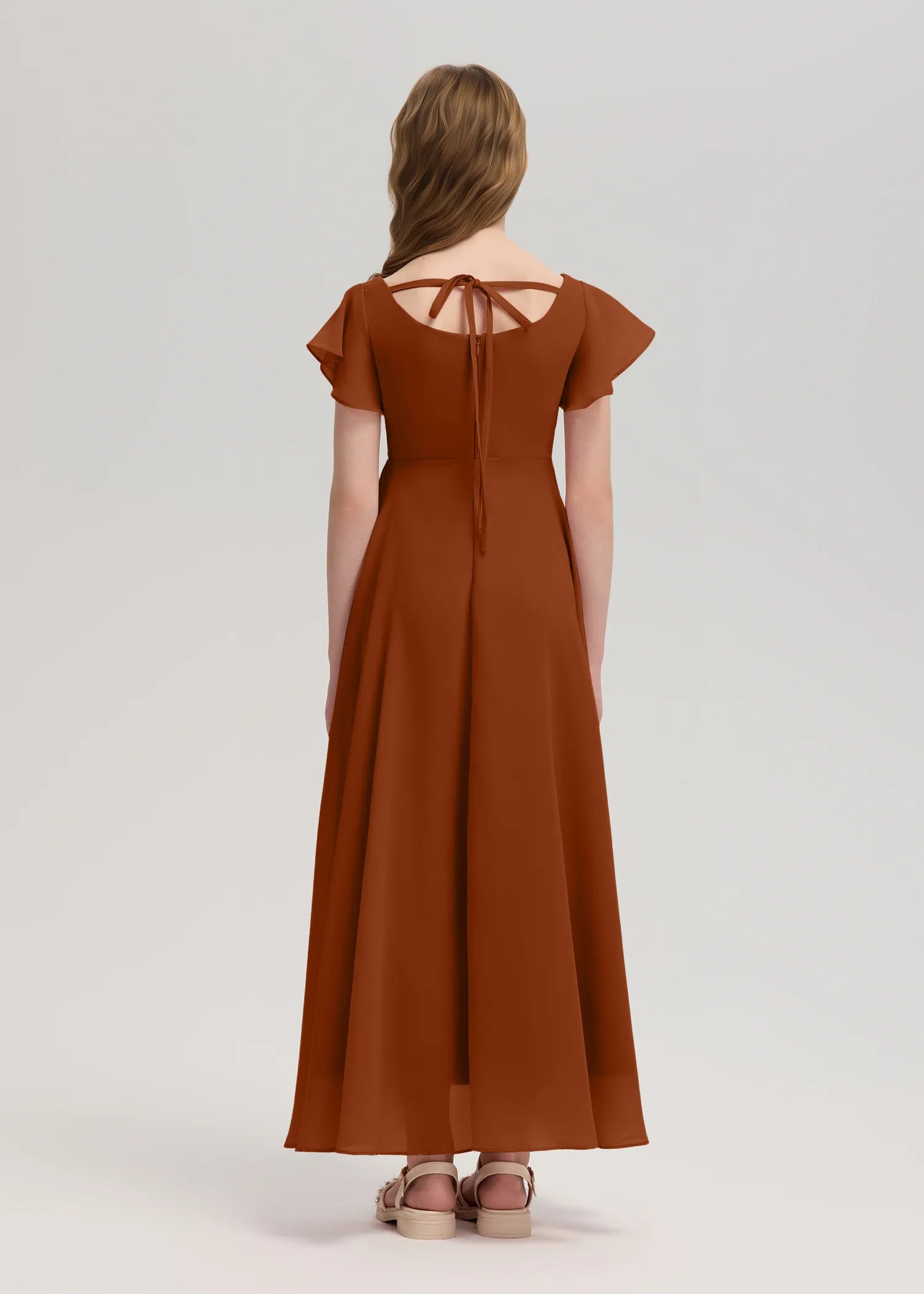 Square Neck Flutter Sleeve Chiffon Dress -[Yellow]