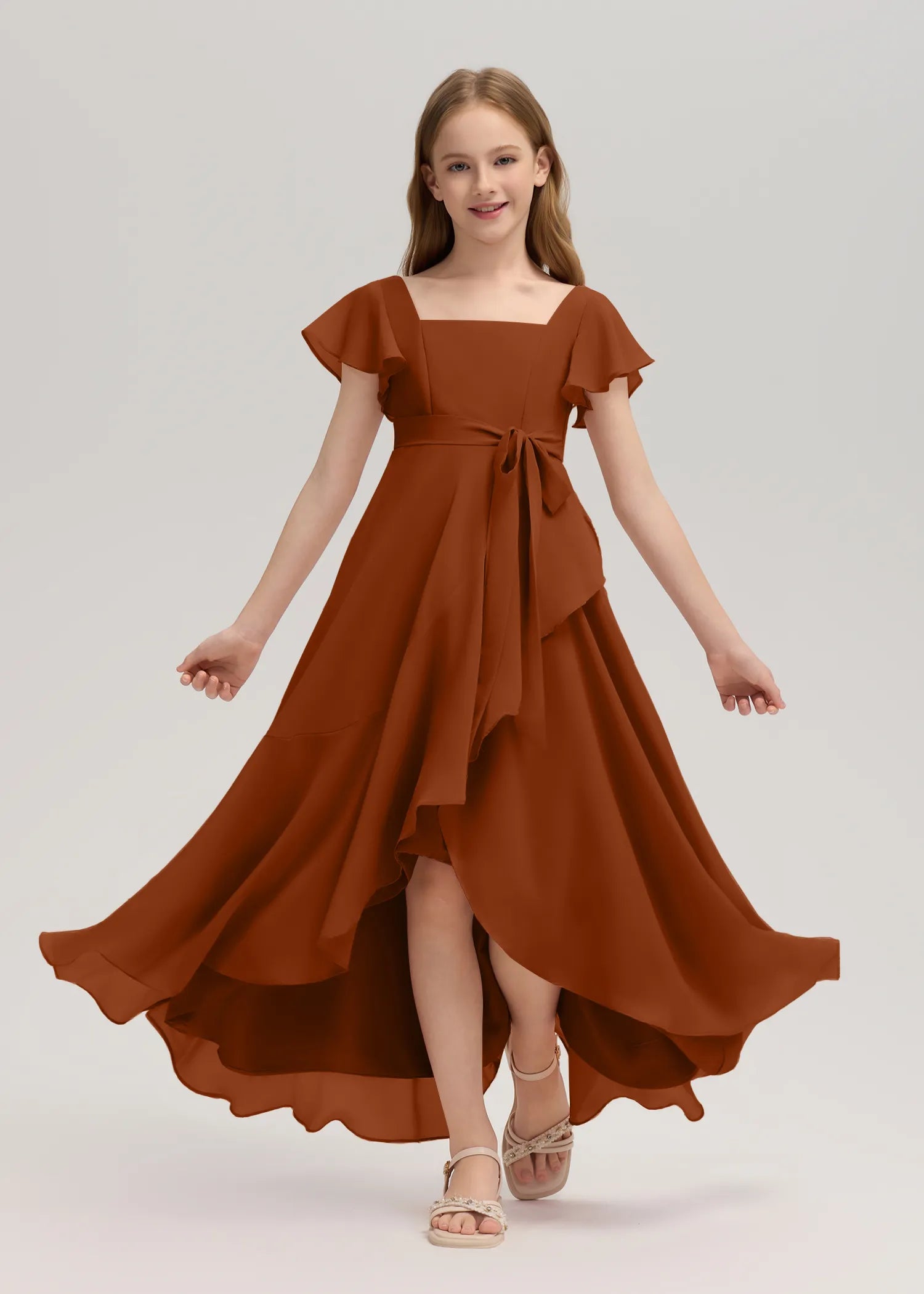 Square Neck Flutter Sleeve Chiffon Dress -[Yellow]