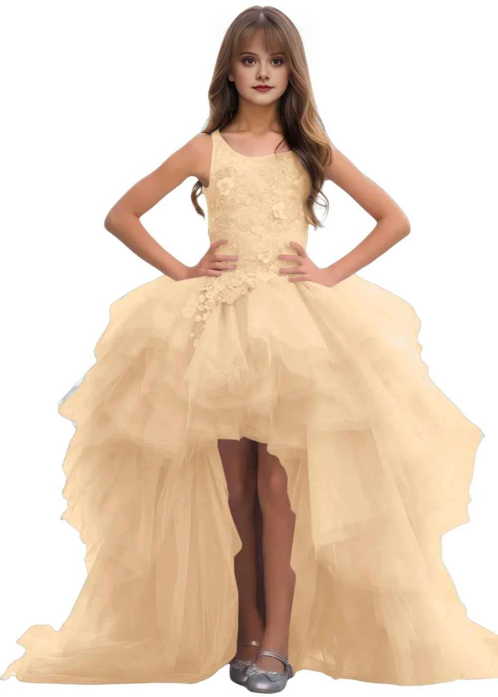 High-Low Layered Tulle Gown for Girls