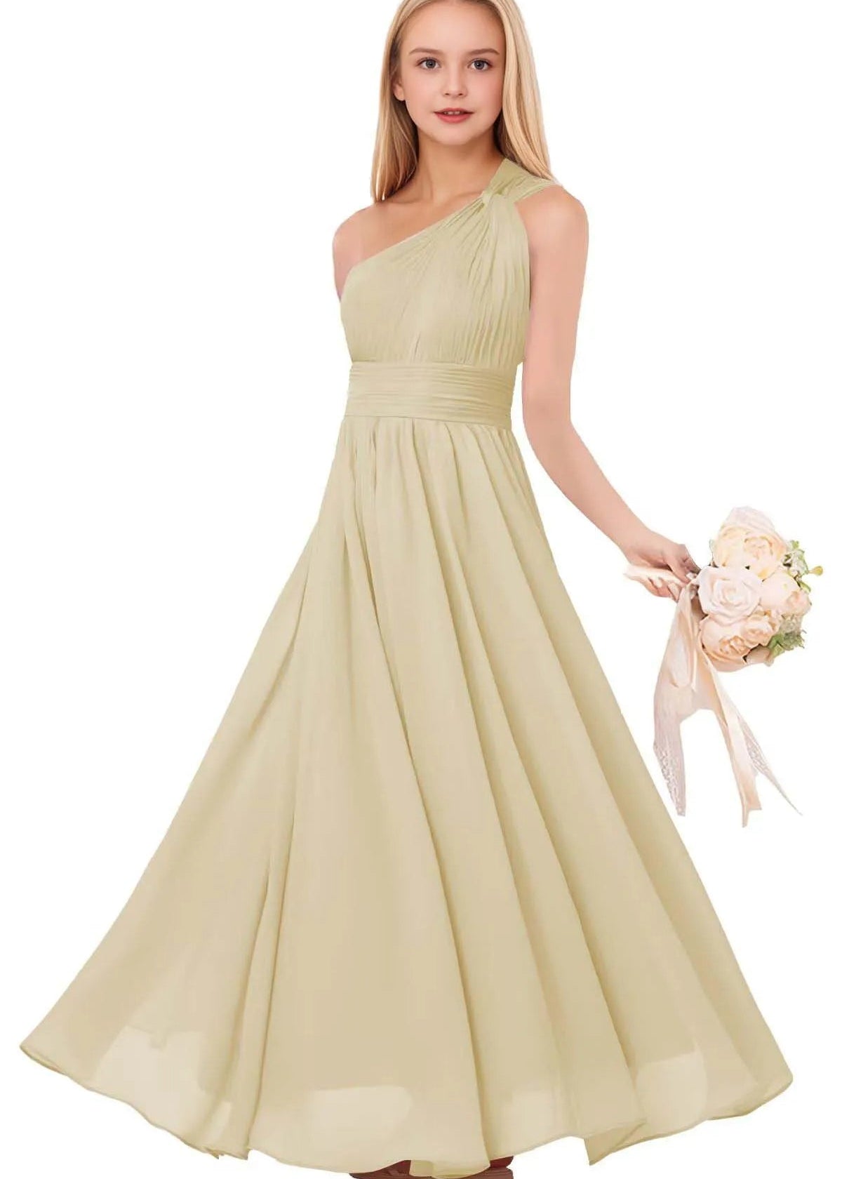One-Shoulder Pleated Chiffon Gown