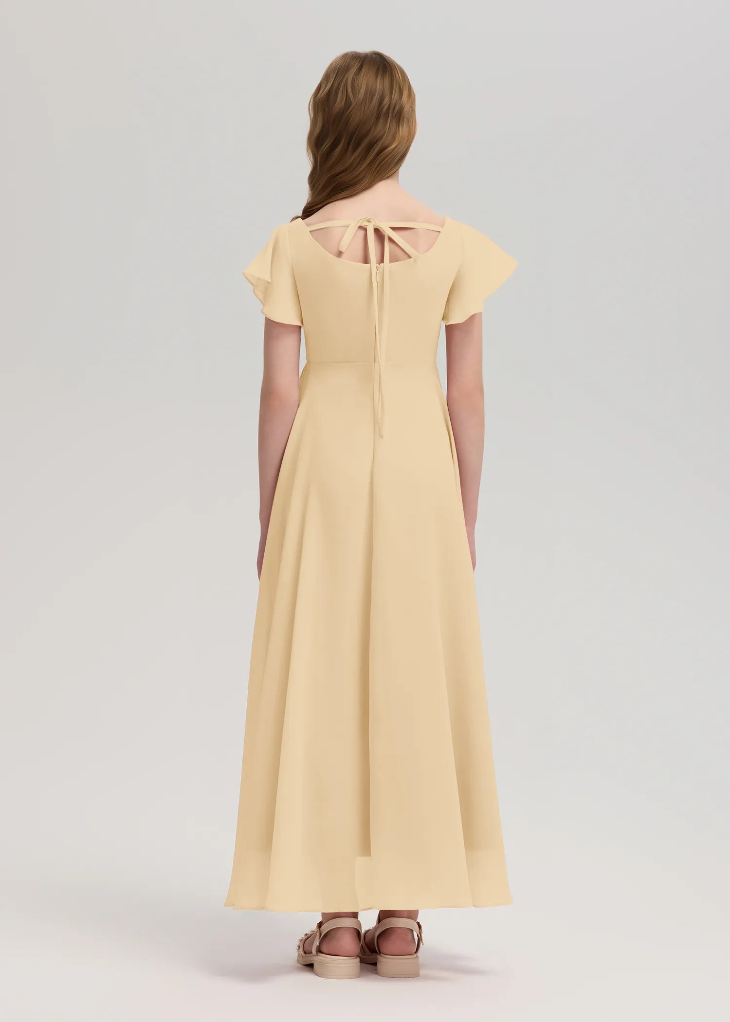 Square Neck Flutter Sleeve Chiffon Dress -[Yellow]