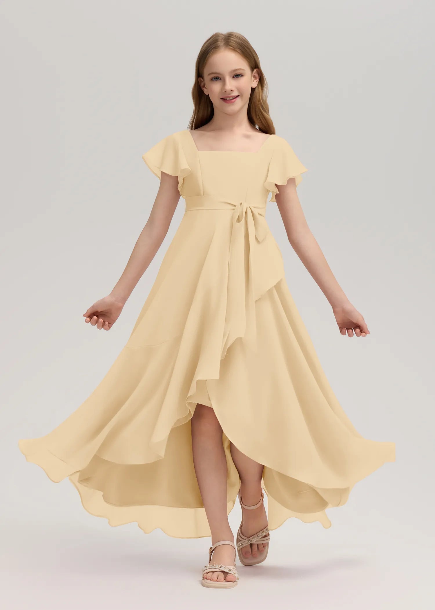 Square Neck Flutter Sleeve Chiffon Dress -[Yellow]