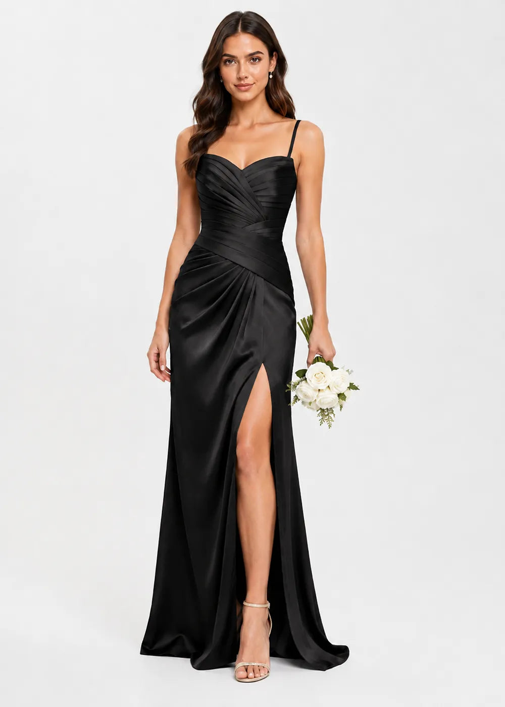 Valencia High-Slit Ruched Satin Evening Dress