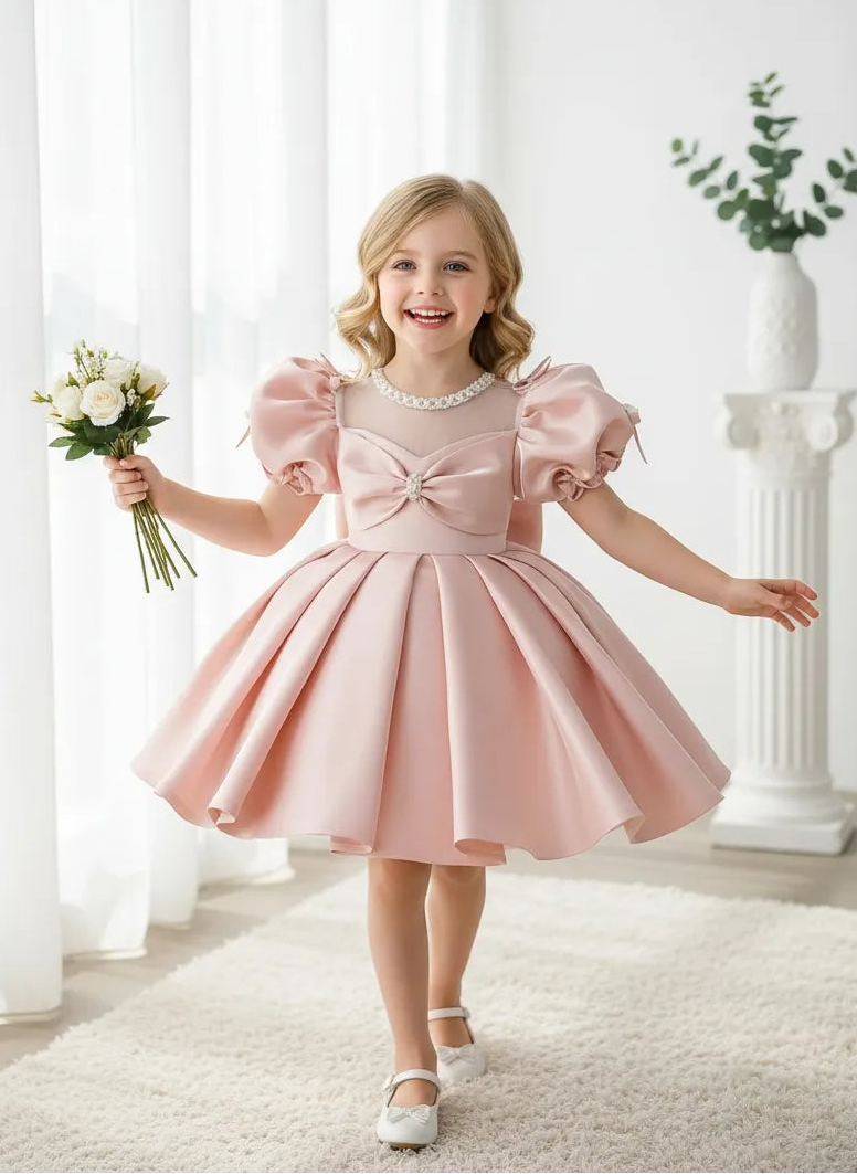 Satin Party Dress with Pearl Collar