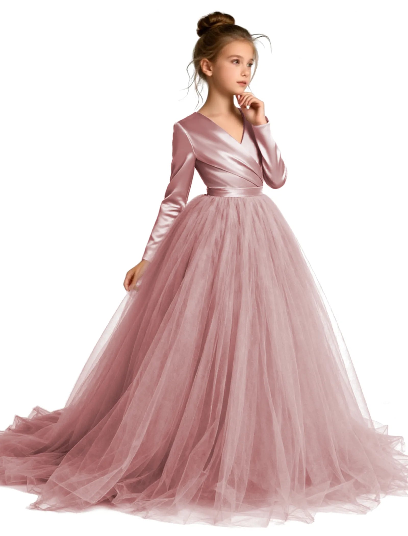 Long Sleeve Satin & Tulle Ball Gown for Girls