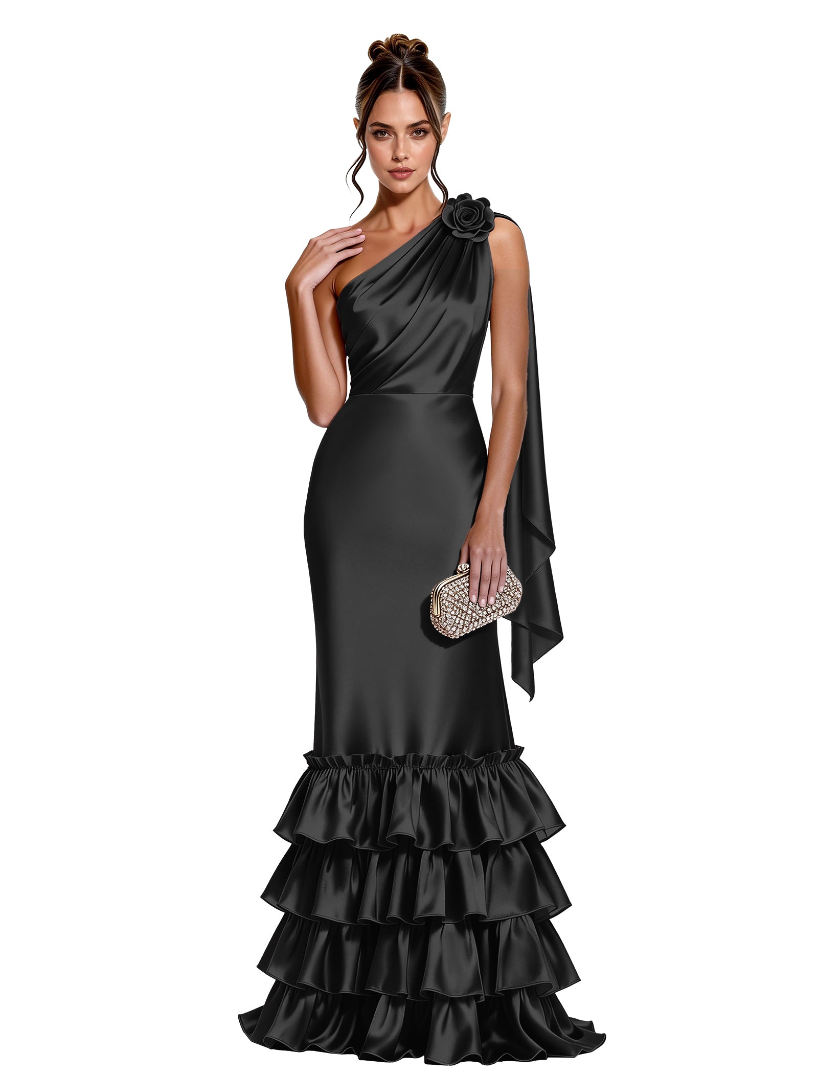 Asymmetric Formal Dress with Floral Accent