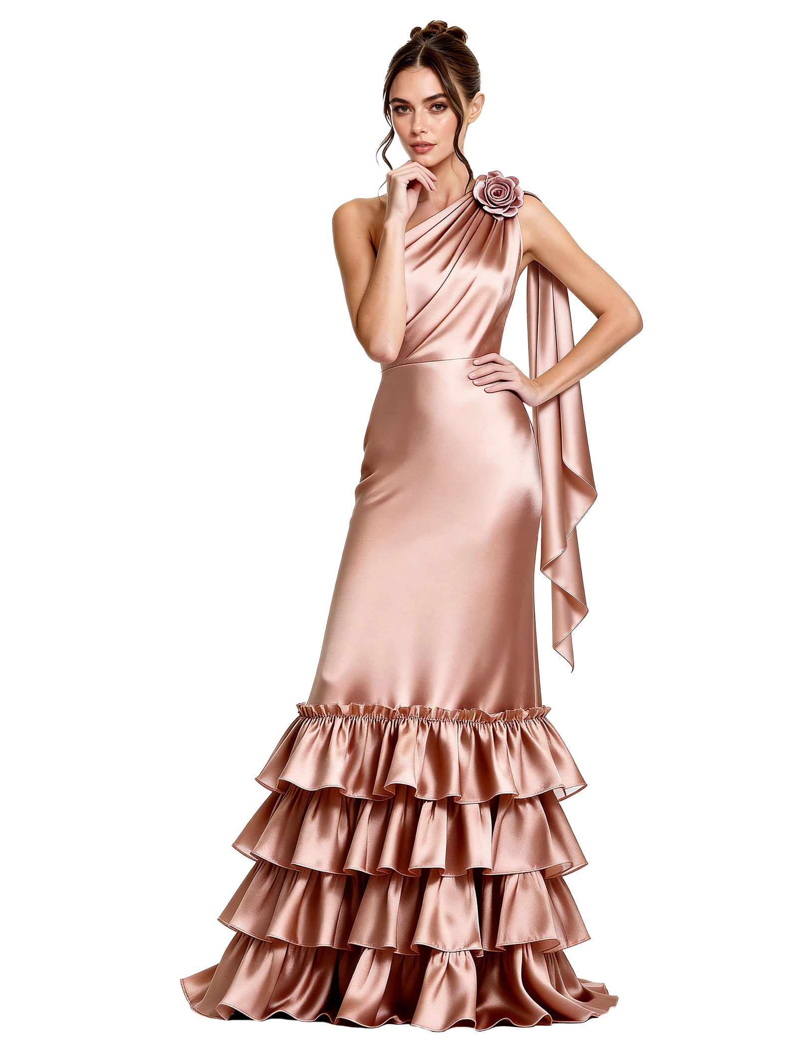 Asymmetric Formal Dress with Floral Accent