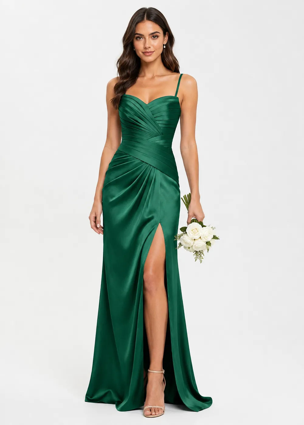Valencia High-Slit Ruched Satin Evening Dress